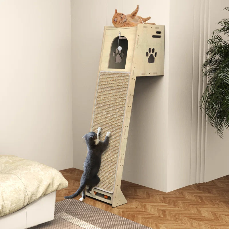 Cat scratching ramp tower with woven ramp surface and paw-window enclosed perch