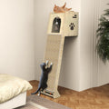 Cat scratching ramp tower with woven ramp surface and paw-window enclosed perch