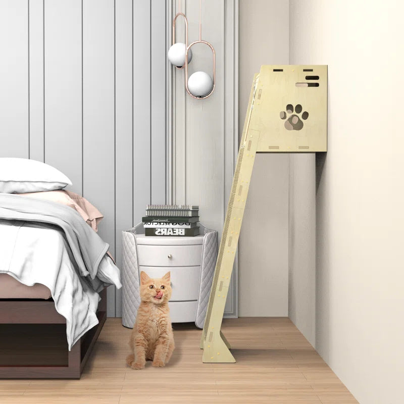 Light wood cat climbing tower with tall scratching ramp and top enclosed perch
