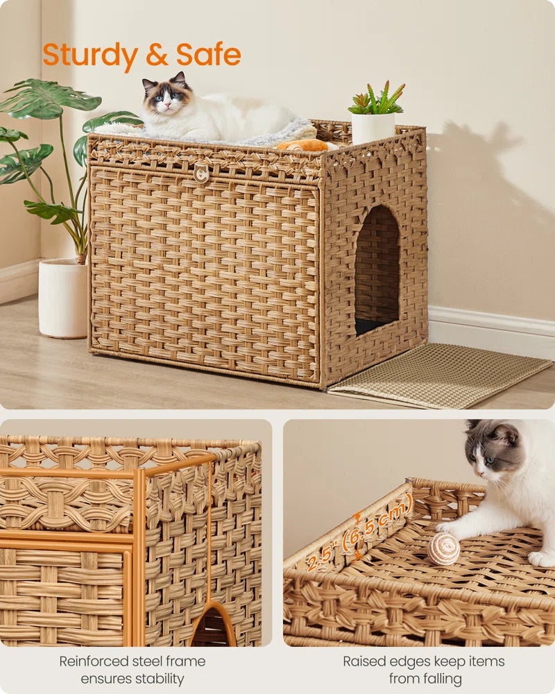 Warm tan rattan cat litter box with arched entry, interior tray, and side edge detail