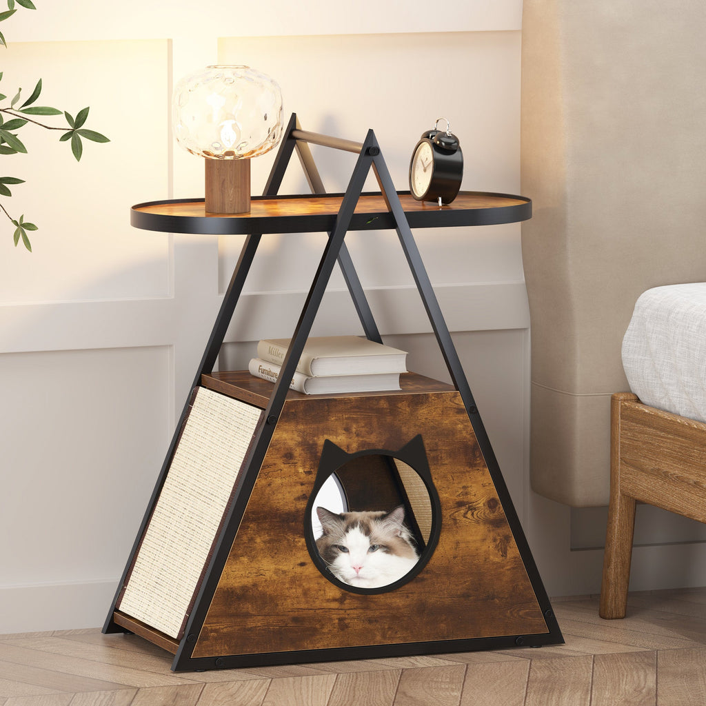 Black vintage cat house end table with top shelf, woven scratching panel, and cat bed