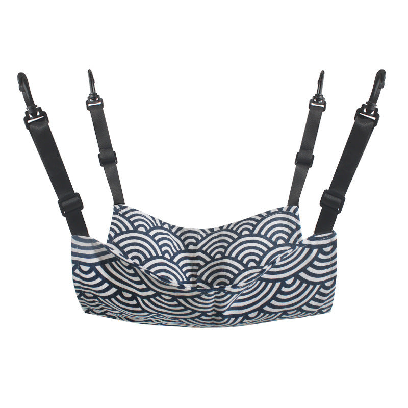 Hanging cat hammock bed with wave pattern, white and navy blue fabric