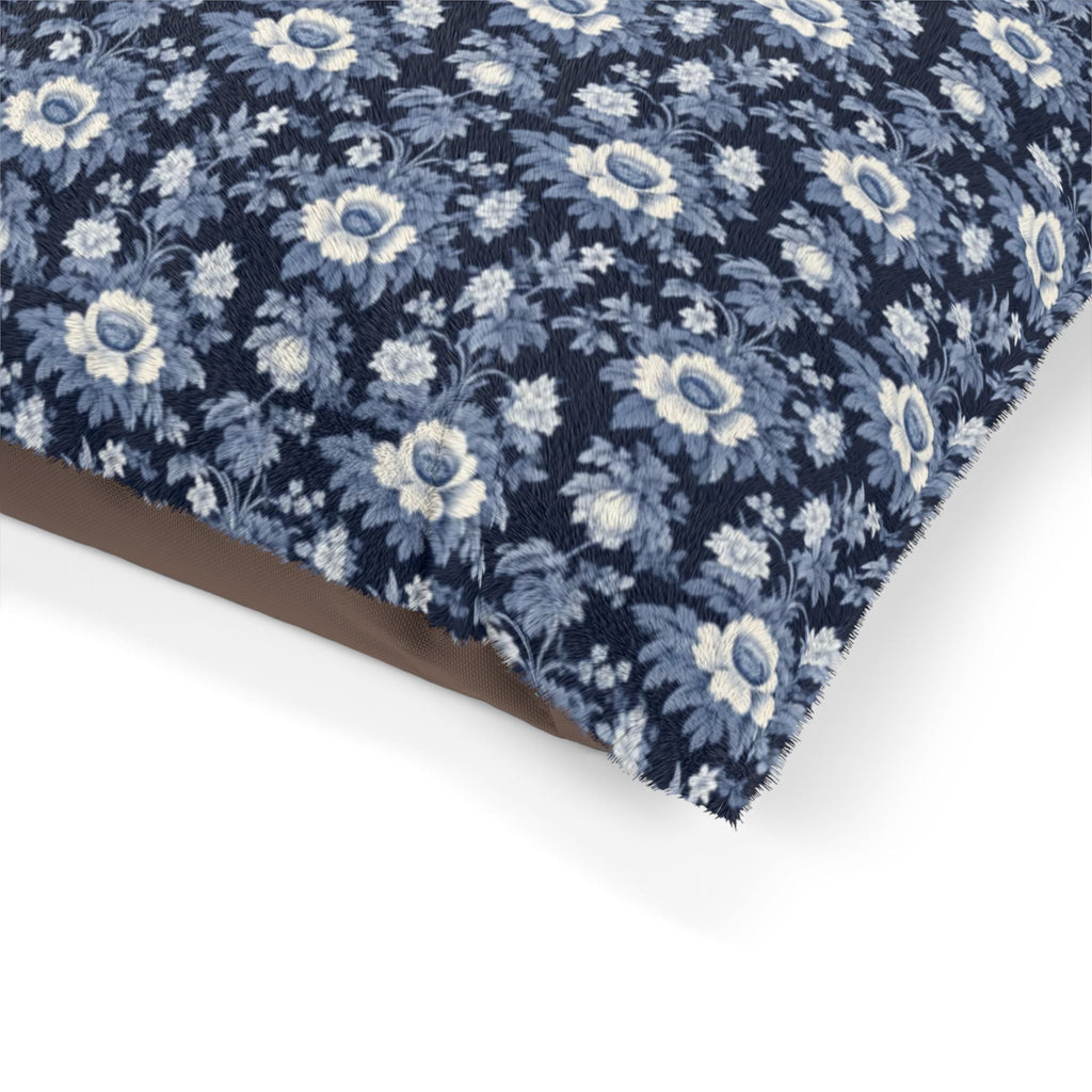 Midnight Blue Garden in Bloom Pet Bed — Coral Fleece, Removable Cover, 40" × 30"