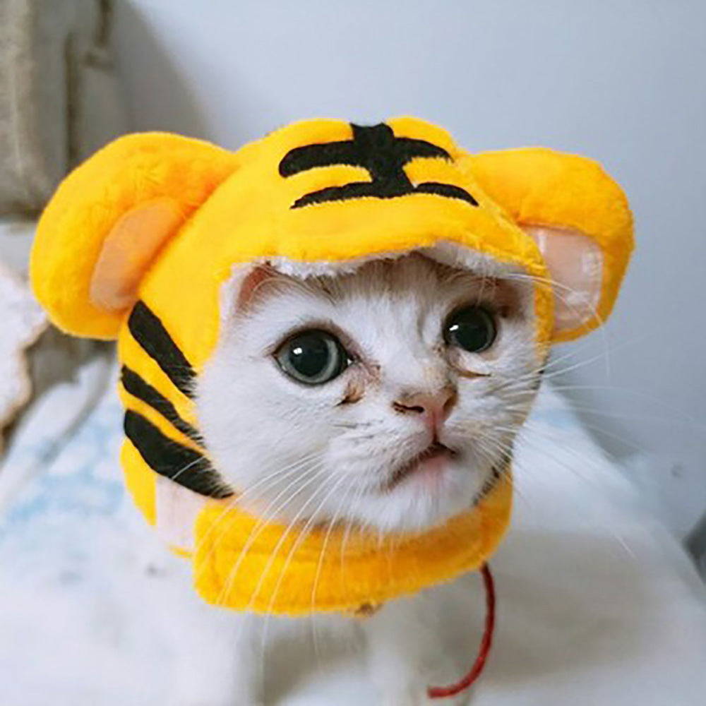Pet cat hat with yellow bee plush hood and black stripe detailing