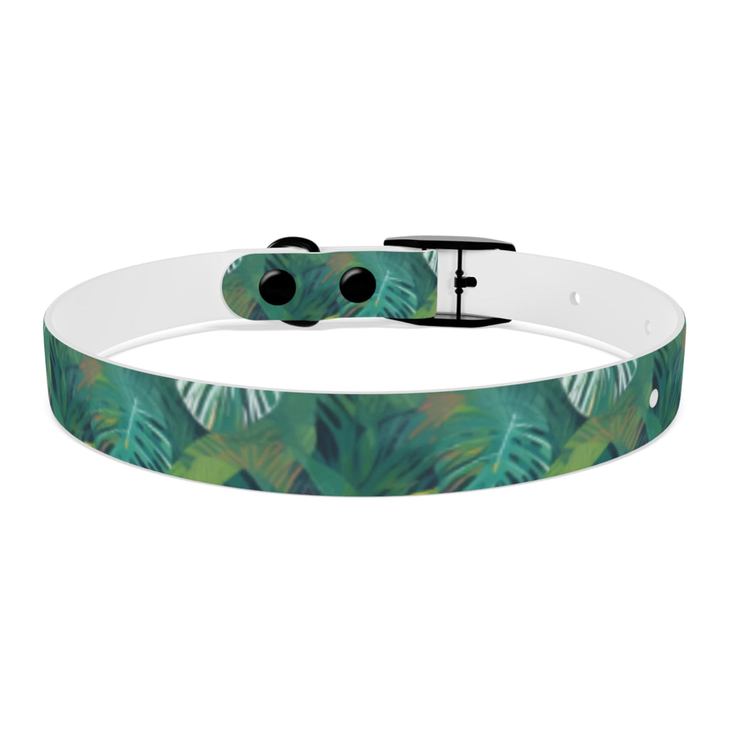 Emerald Canopy Tropical Leaves Pet Collar — Waterproof TPU, 4 Buckle Finishes, S–XL