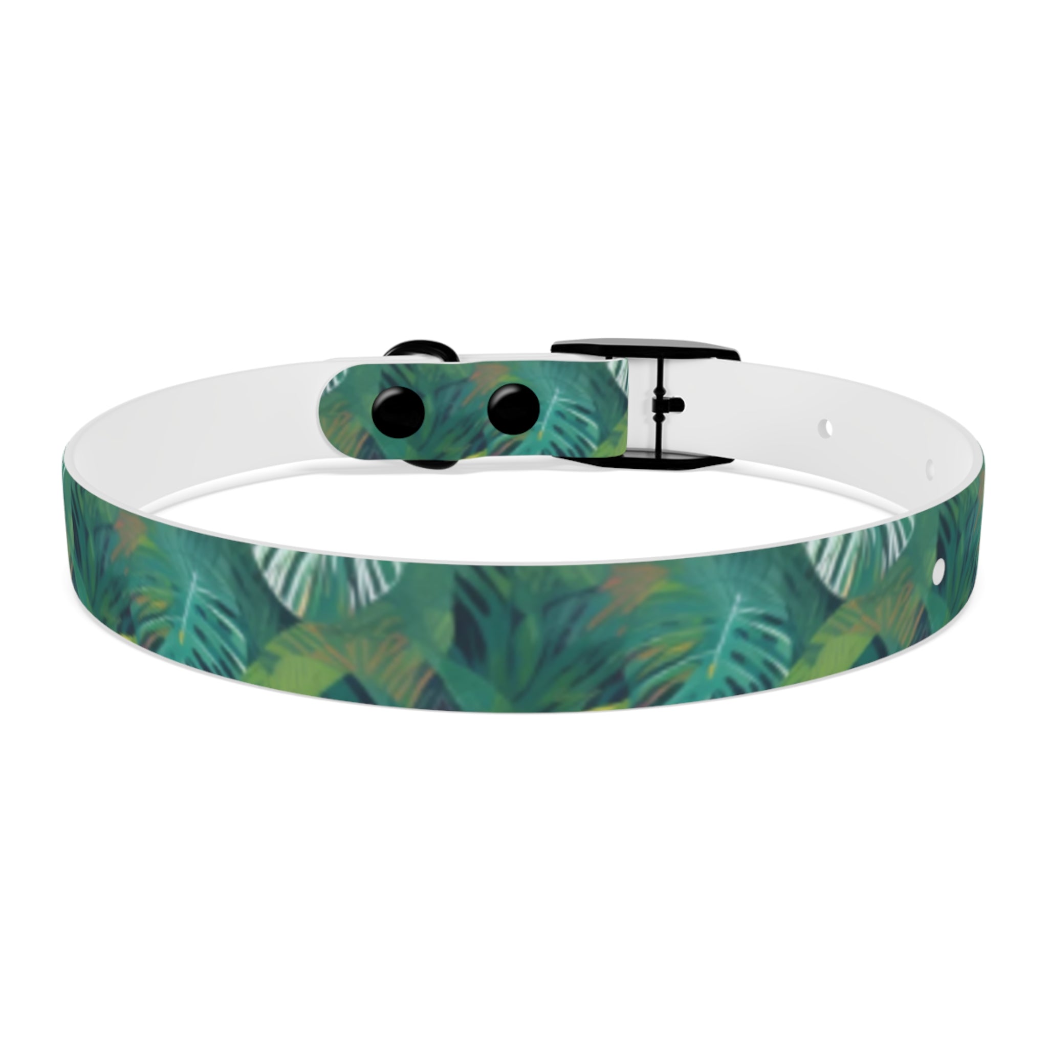 Emerald Canopy Tropical Leaves Pet Collar — Waterproof TPU, 4 Buckle Finishes, S–XL