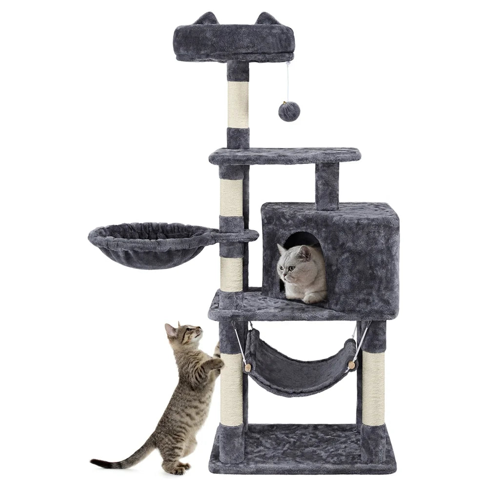 Dark gray cat tree tower with multi-level platforms, hammock bed, and dangling ball