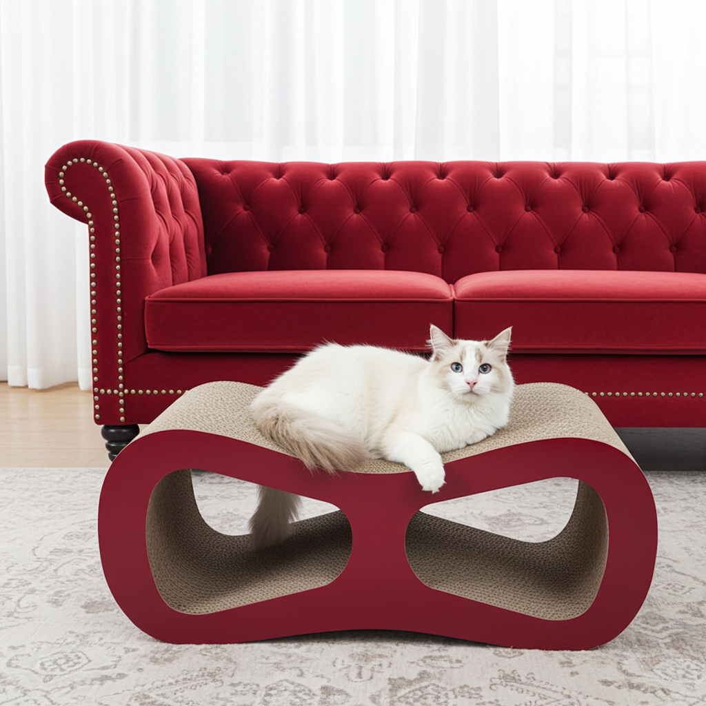 Red cat scratcher lounger with beige scratch tunnels and circular openings, tufted surface