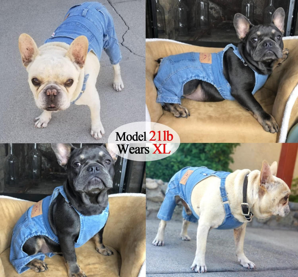 Blue denim dog overalls jumpsuit with adjustable straps and padded comfort lining