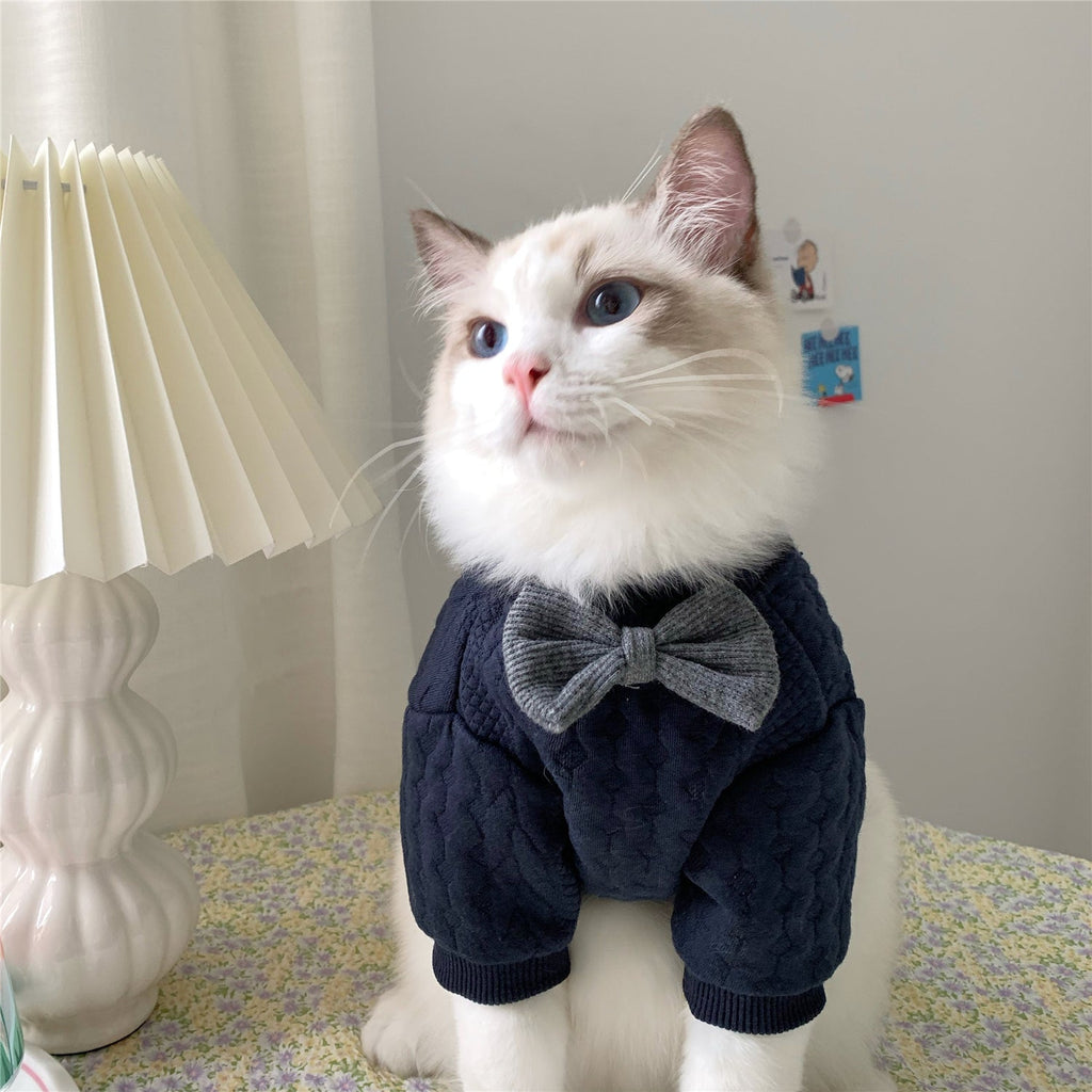 Navy pet sweater with quilted texture and gray bow, front view on white cat