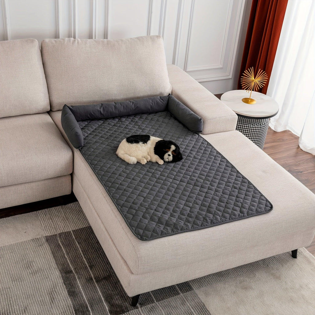 Quilted pet sofa cover mat with dark gray bolsters and diamond pattern bed panel
