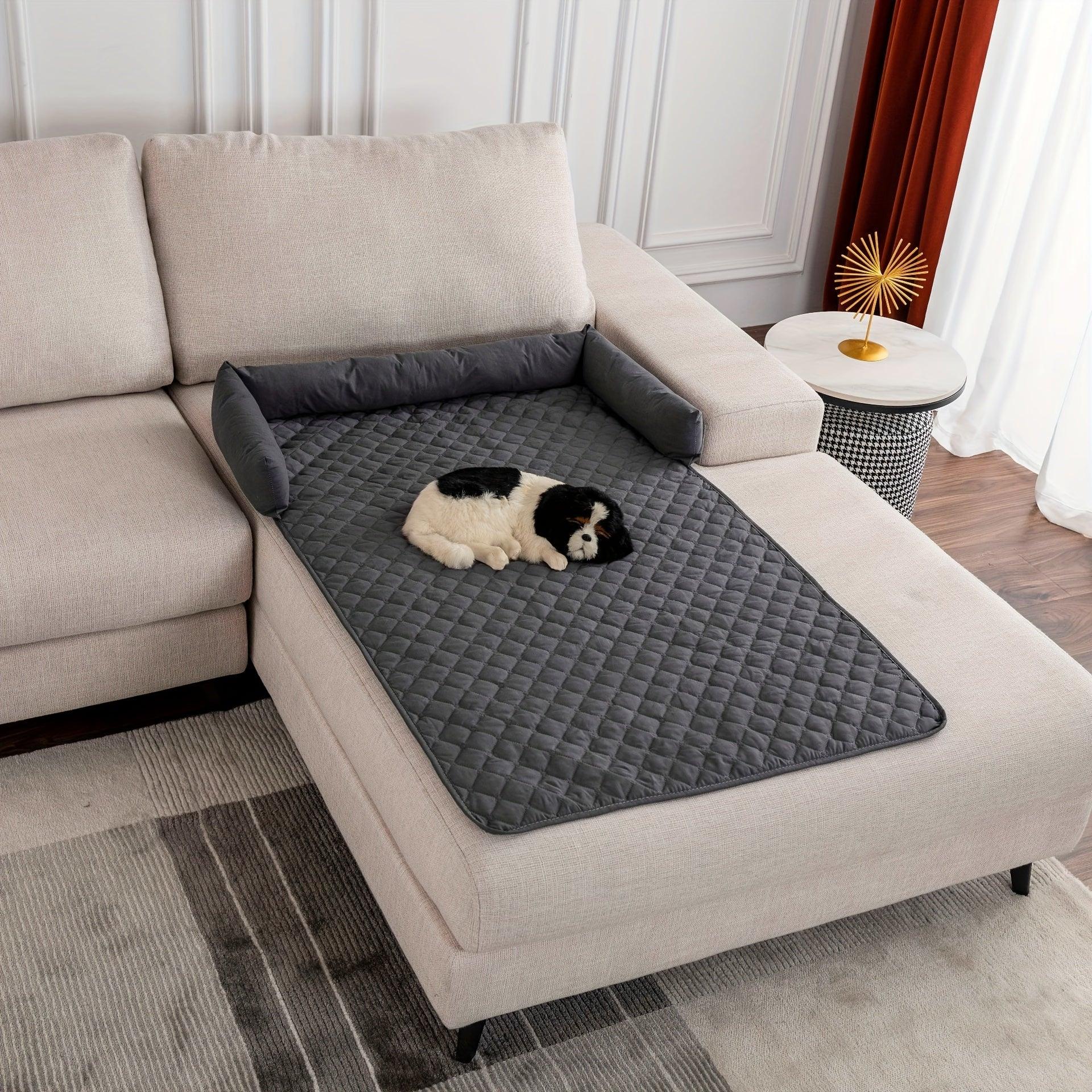 Quilted pet sofa cover mat with dark gray bolsters and diamond pattern bed panel