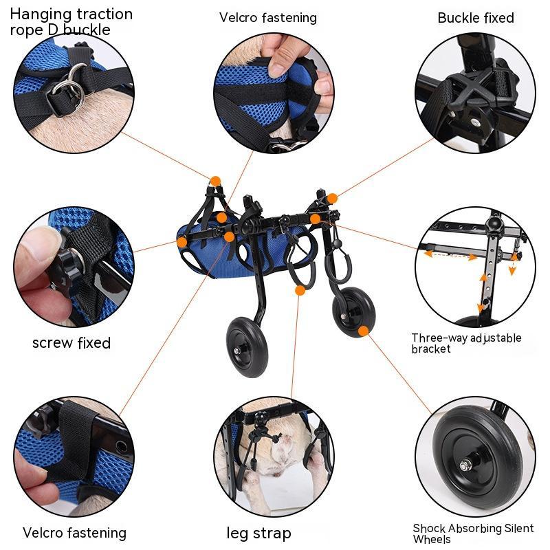 Blue dog wheelchair scooter components with adjustable brackets, straps, and large black wheels