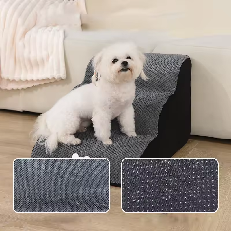 Grey pet stairs showing step texture and grip dots on the anti-slip sponge cover
