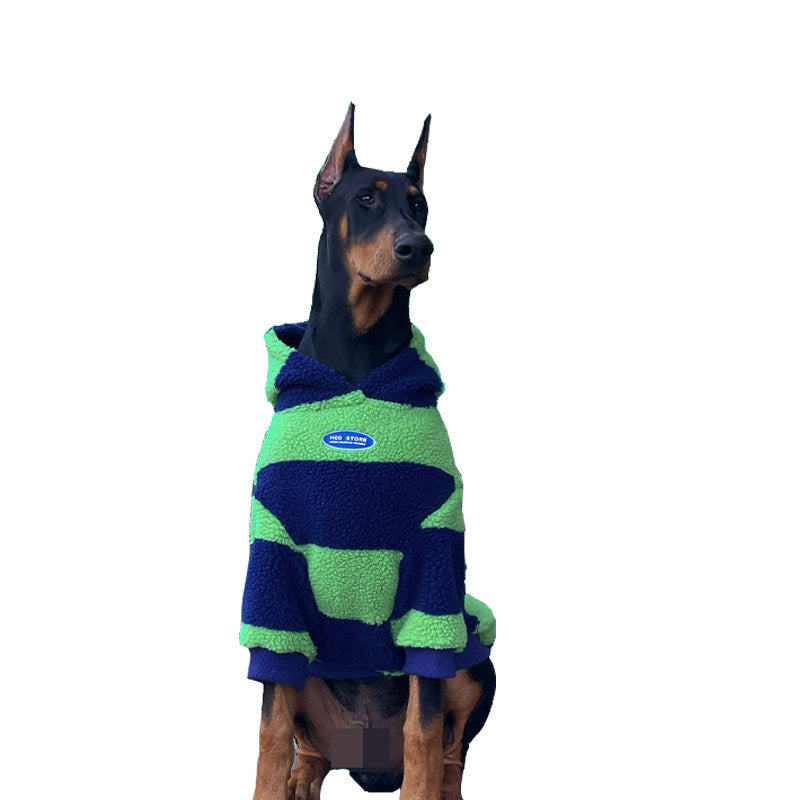 Navy and green striped dog hoodie with hood and small oval chest logo.