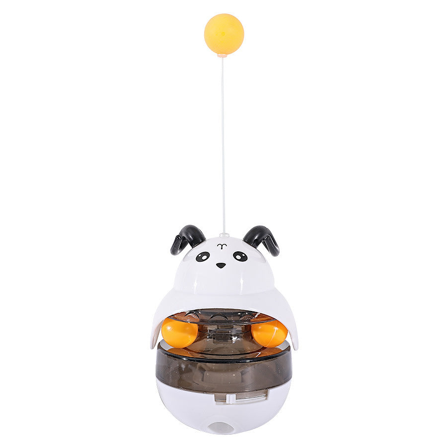 White panda bunny treat dispenser tower toy with hanging yellow ball and orange track balls