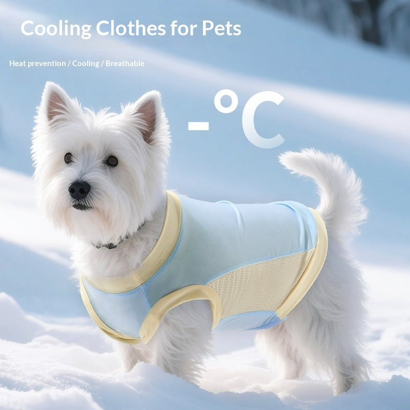 Light blue pet sun protection vest with yellow trim and open leg openings
