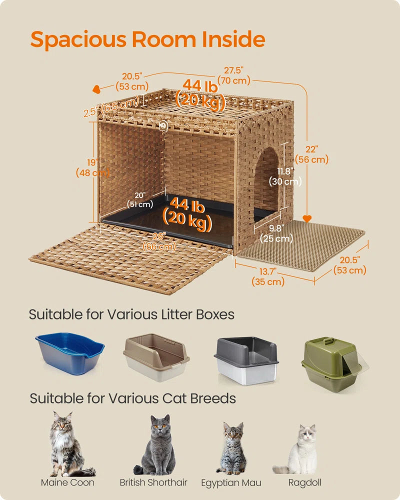 Warm tan handwoven litter box furniture dimensions with tray and included litter mat