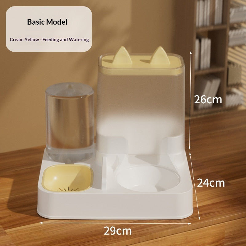 Automatic cat feeder and water dispenser combo bowl, basic model, cream yellow lid and white base