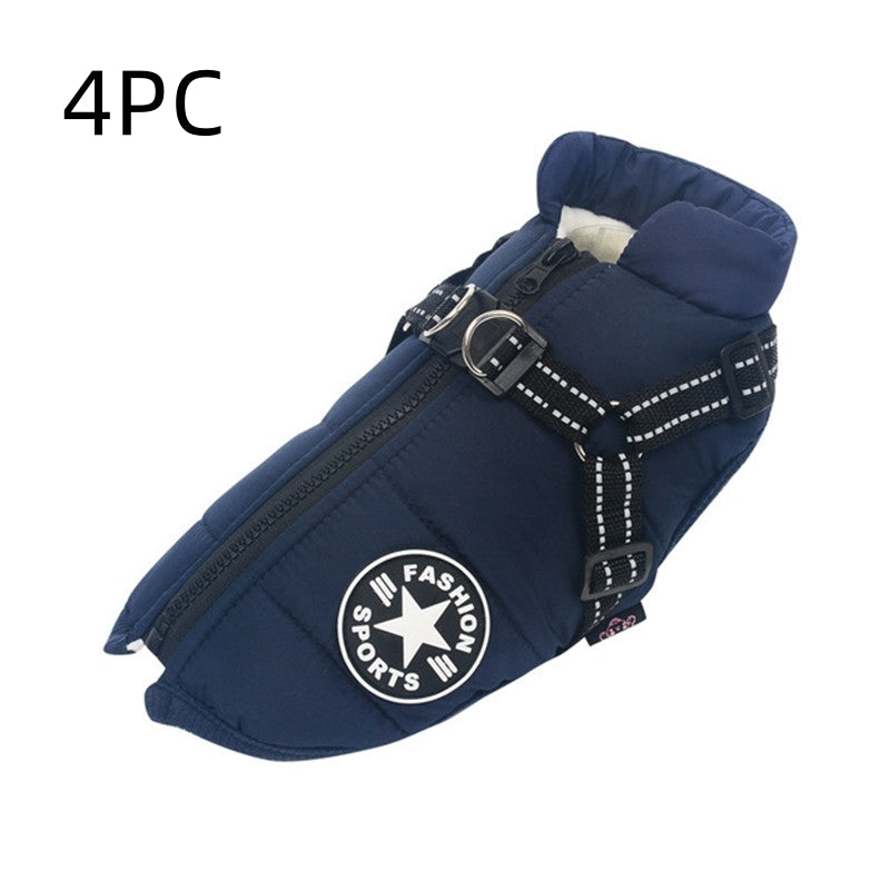 Blue waterproof dog jacket with fleece lining and reflective harness straps, front view