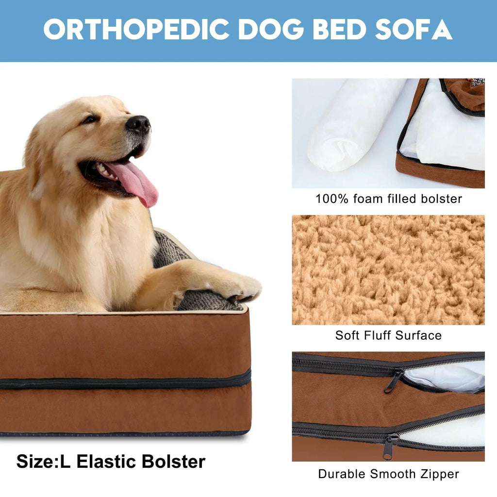 Orthopedic Dog Bed Sofa — Egg Crate Foam, Faux Fur Bolsters, Machine Washable