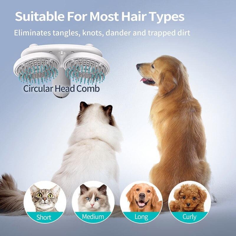 Dual-head circular comb pet brush with stainless pins and self-cleaning design