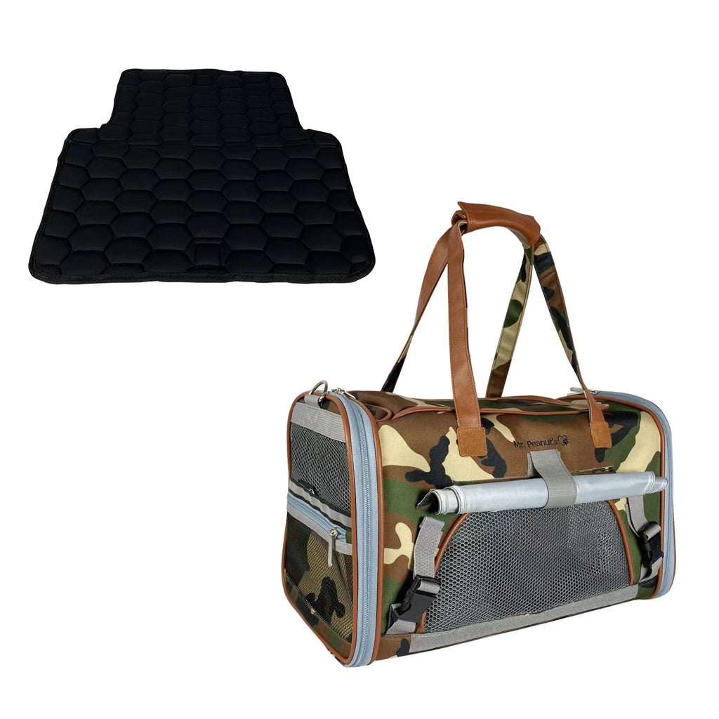 Expandable pet carrier with camo print shell, mesh front, and carrier handle.