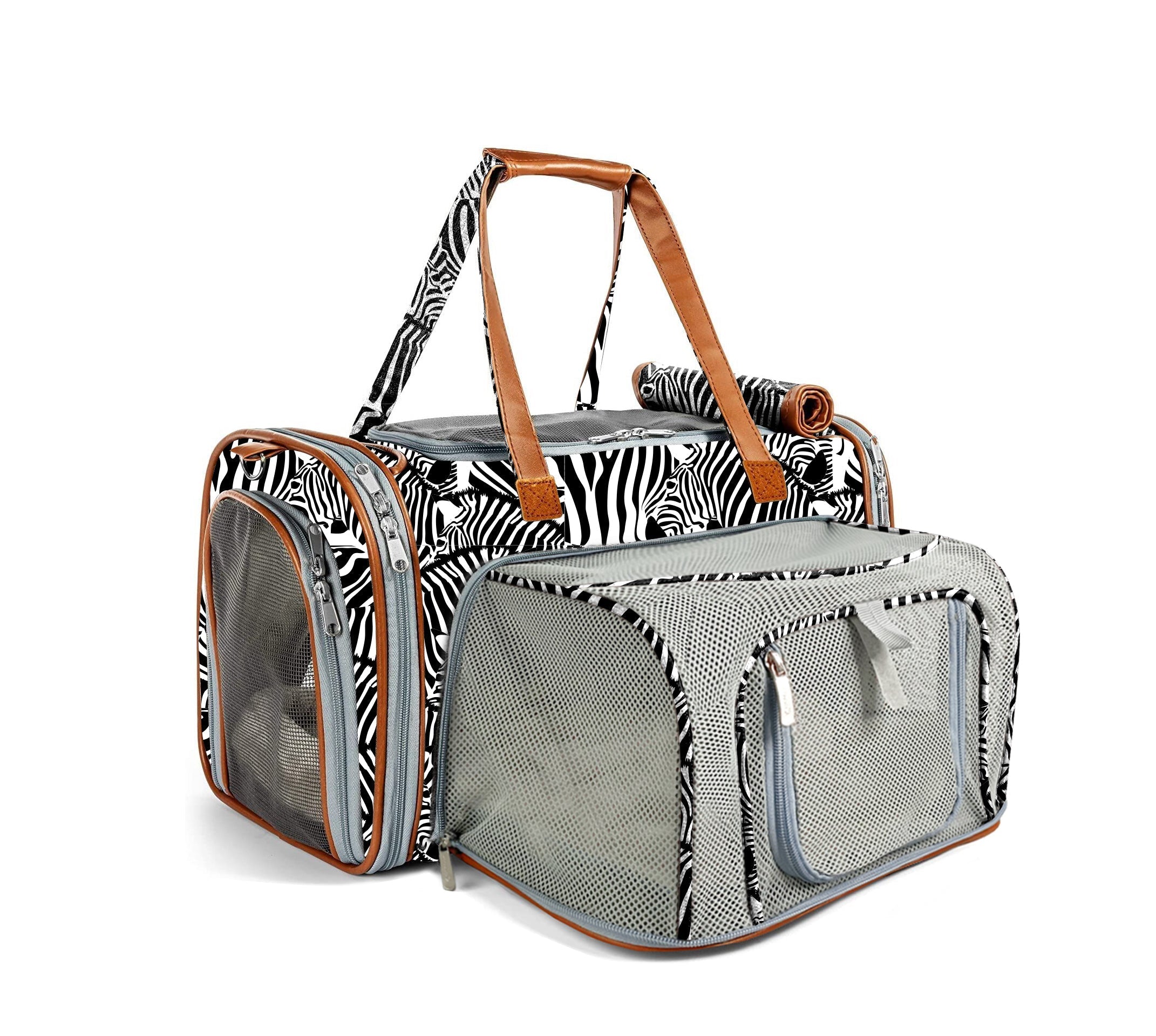 Expandable pet carrier, zebra print with mesh door panels and brown carry handle