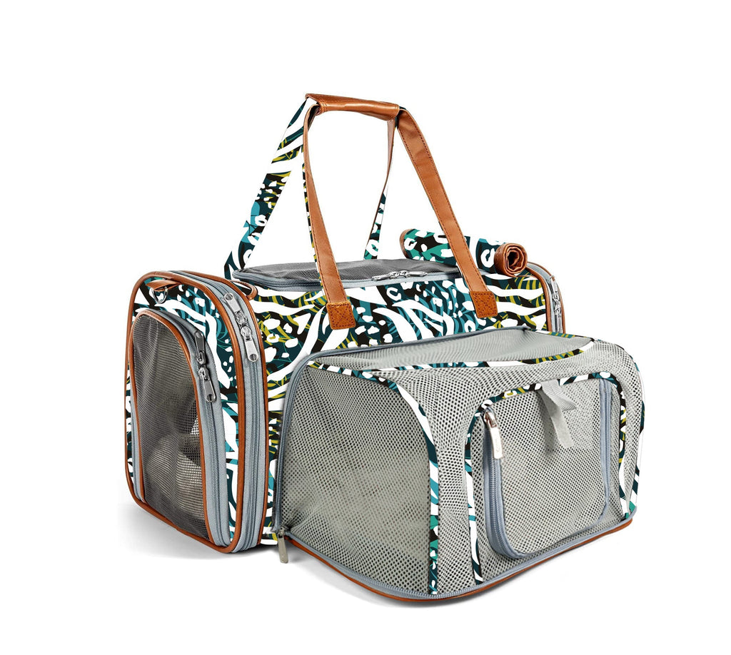 Expandable pet carrier, zebra print with mesh side panels and brown carry strap