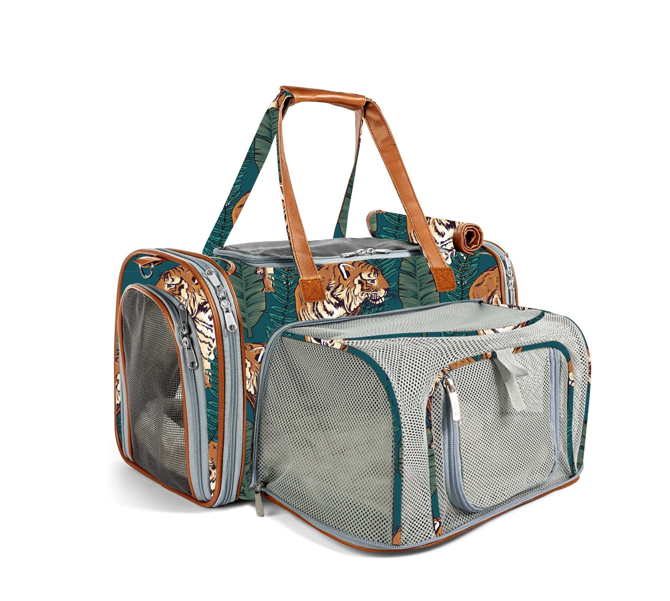 Expandable pet carrier, tiger print with gray mesh door and brown carry handle