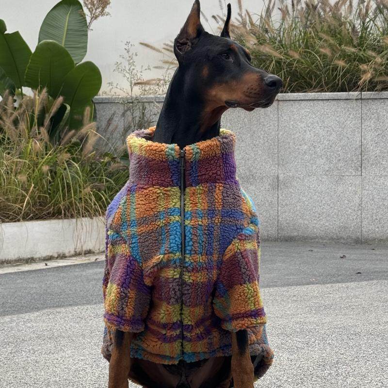 Dog fleece-lined plaid coat with stand collar, front zipper, and padded fuzzy fabric.