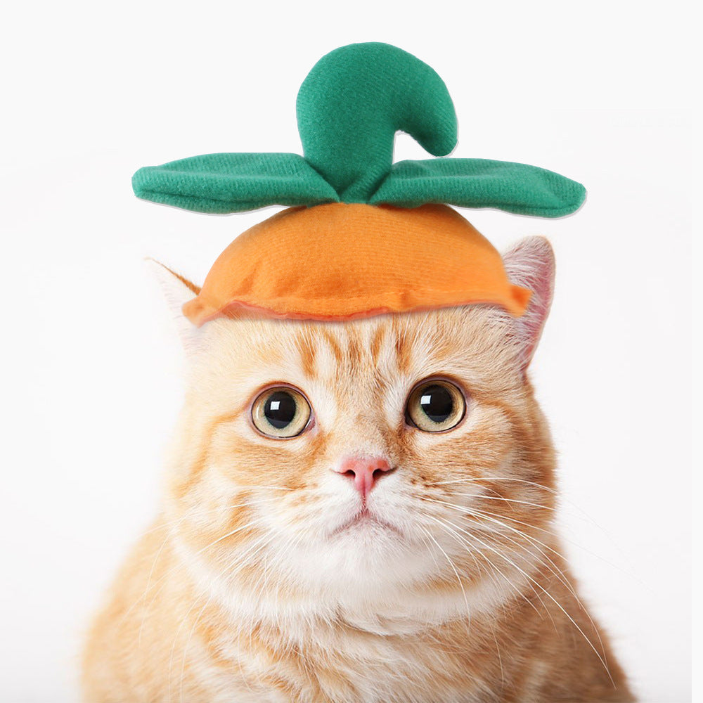 Orange pumpkin pet hood hat with green leaf top and a front opening for the cat’s face