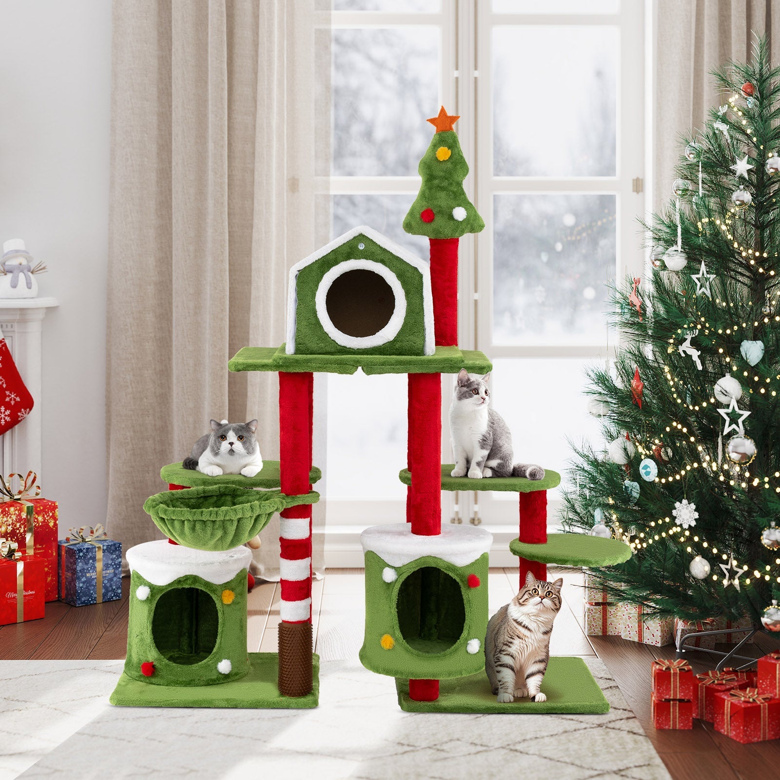 Multi-level cat tree tower with green and red posts, house condo, and round tunnel