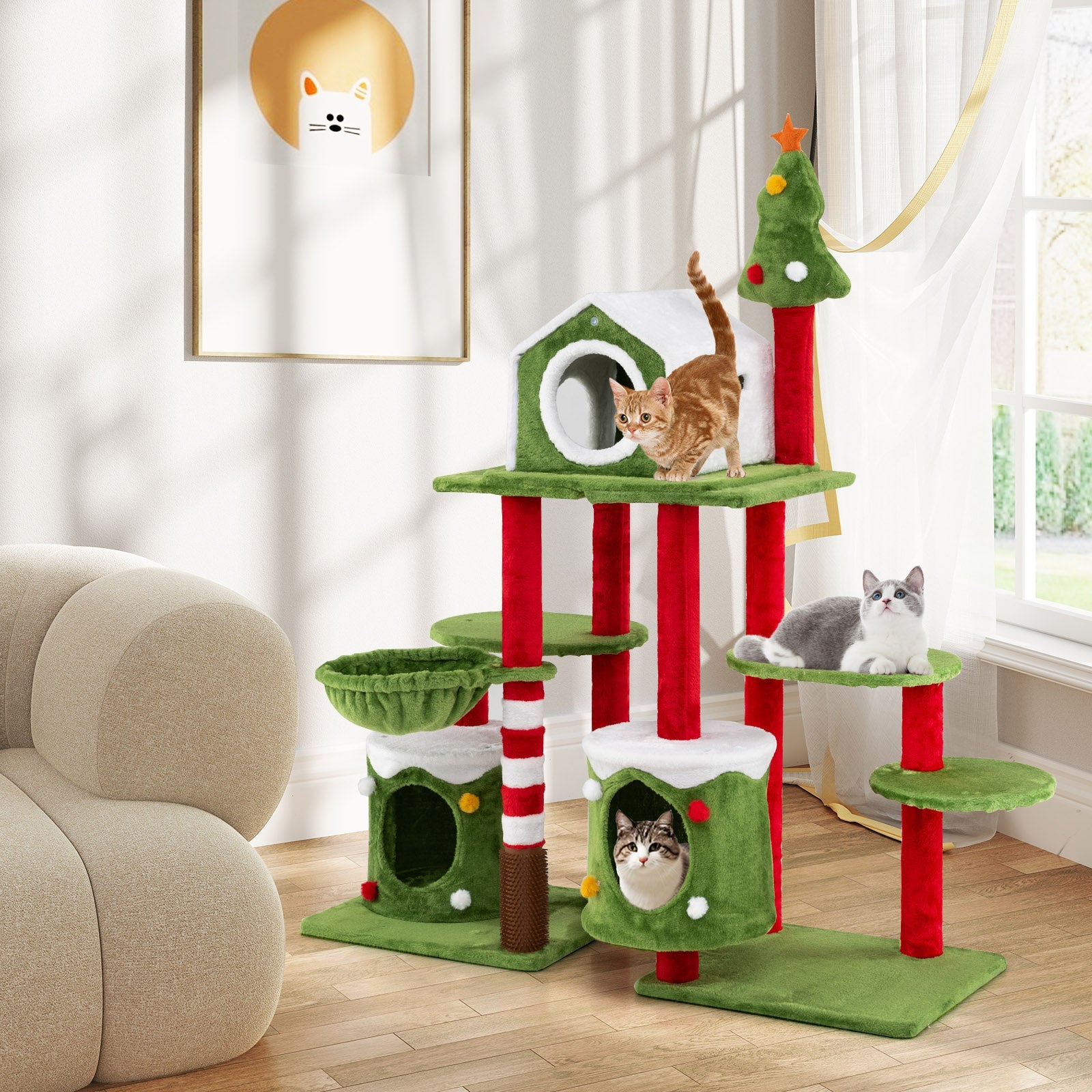 Christmas-style cat tree tower with platforms and striped posts, cats on the steps