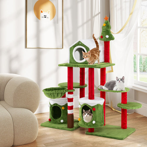 Christmas-style cat tree tower with platforms and striped posts, cats on the steps