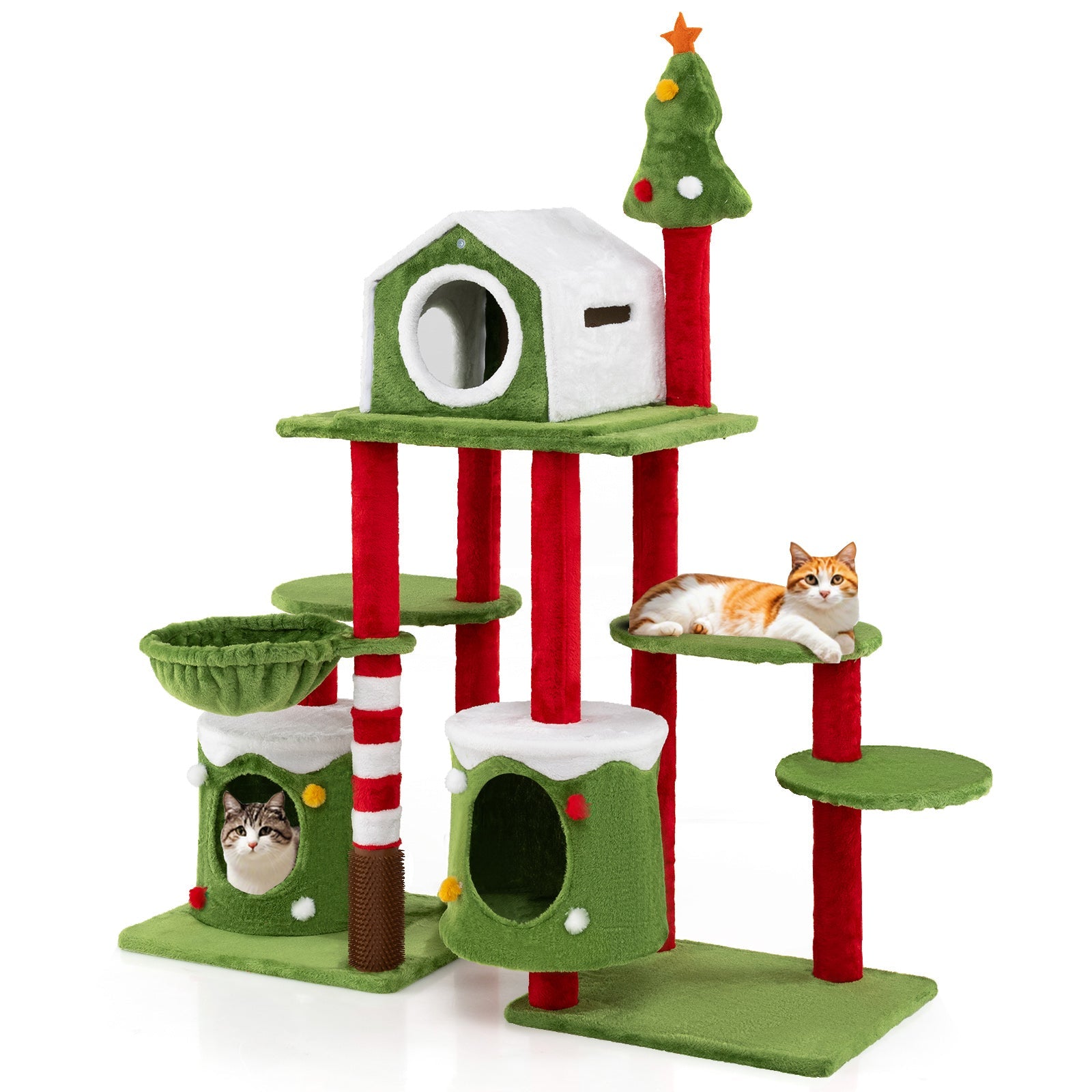 Cat tree tower with white-roof house, green platforms, and cubby condos for climbing