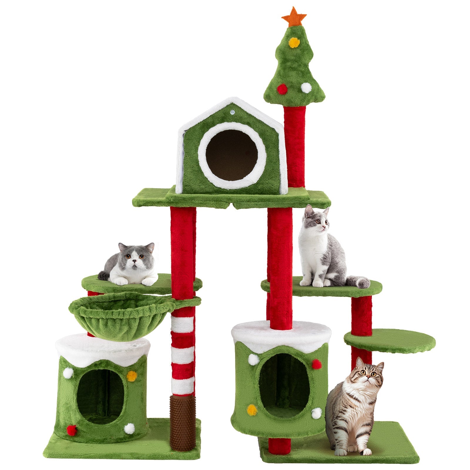 Cat tree tower with tree topper, striped posts, two cat condos, and three perches