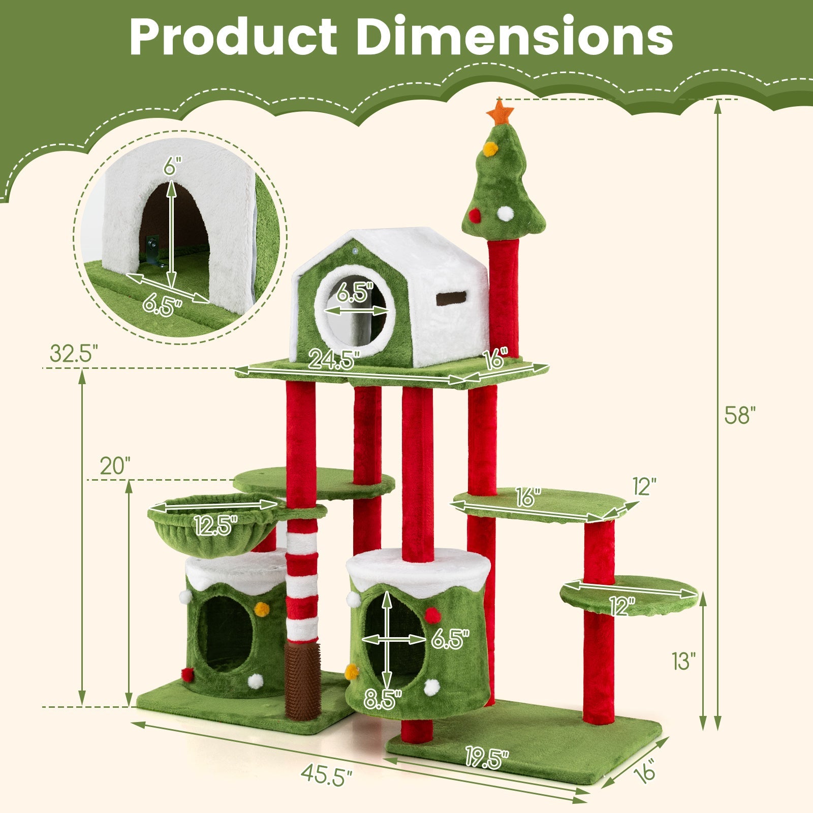 Cat tree tower product dimensions diagram with height 58 in and base length 45.5 in