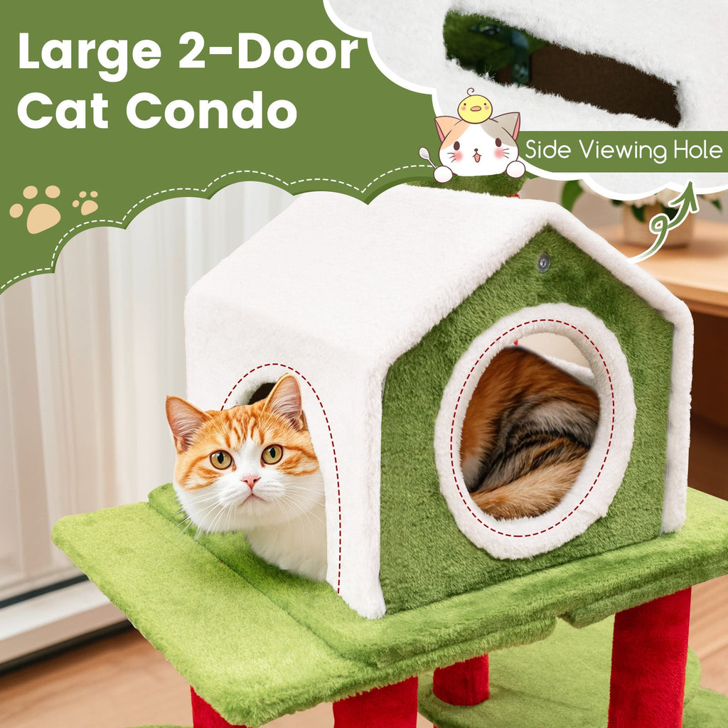 Large 2-door cat condo with green base and side viewing hole on the upper level