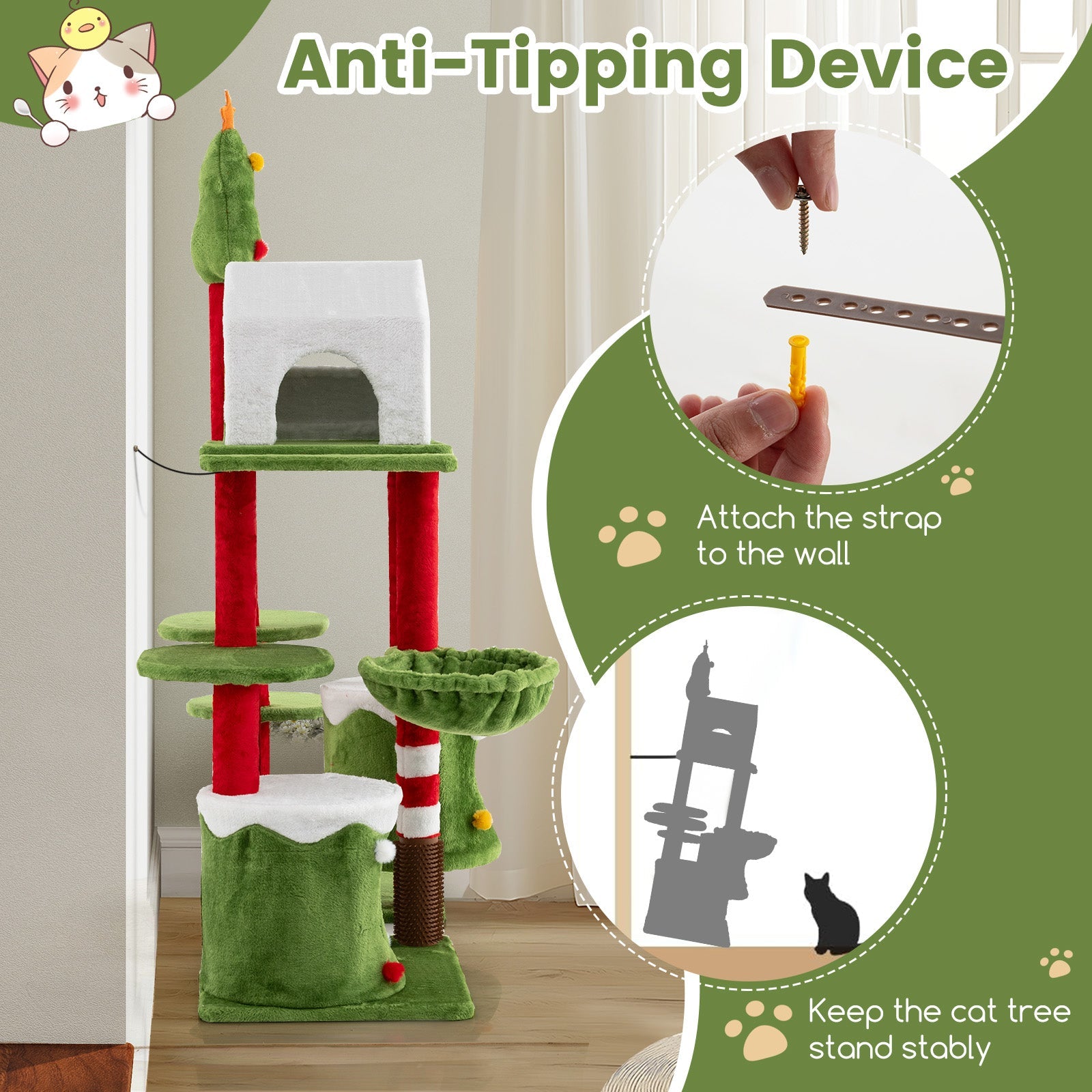 Cat tree tower with anti-tipping strap hardware and wall attachment points
