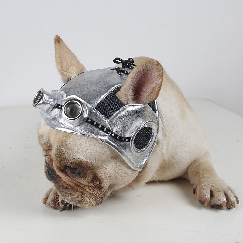 Dog party costume headpiece in silver with black accents and circular goggle details
