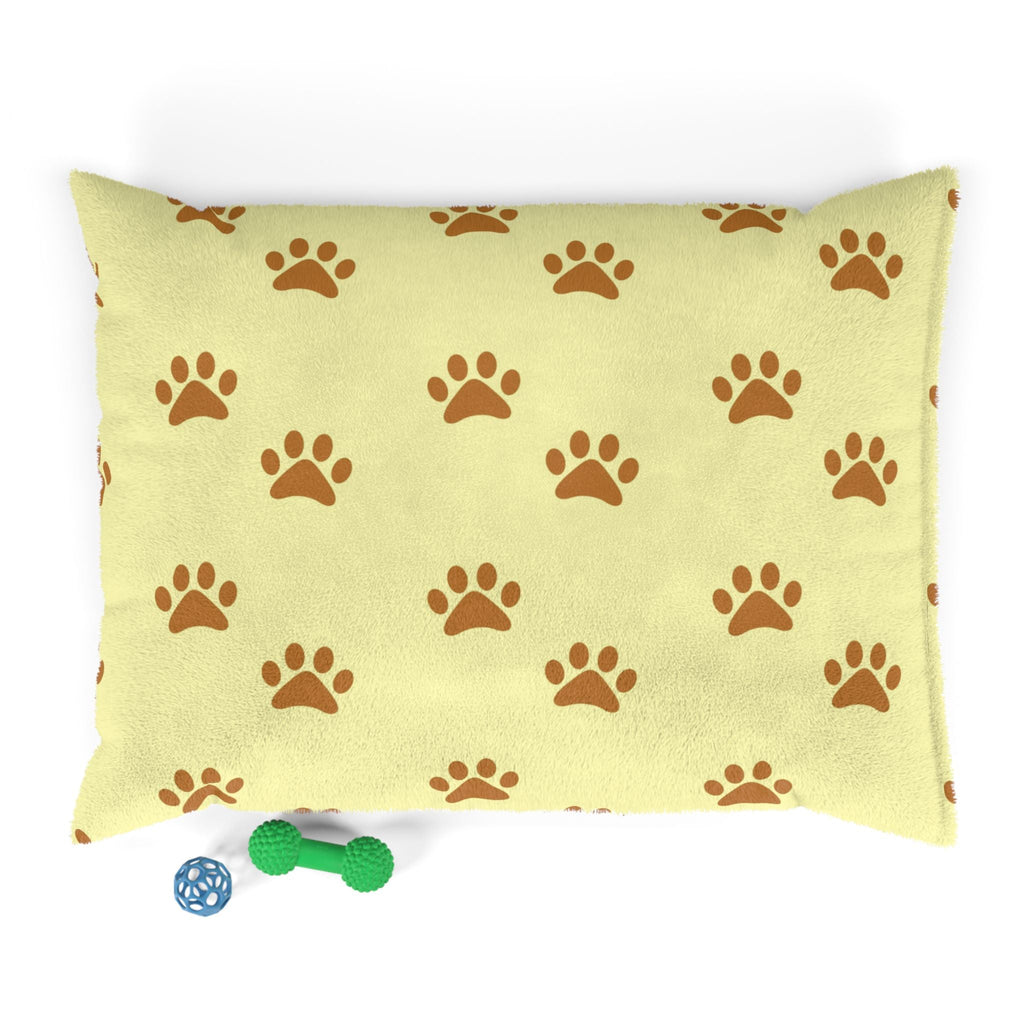 Golden Pawprints on Buttercream Sky Pet Bed — Coral Fleece, Removable Cover, 40" × 30"