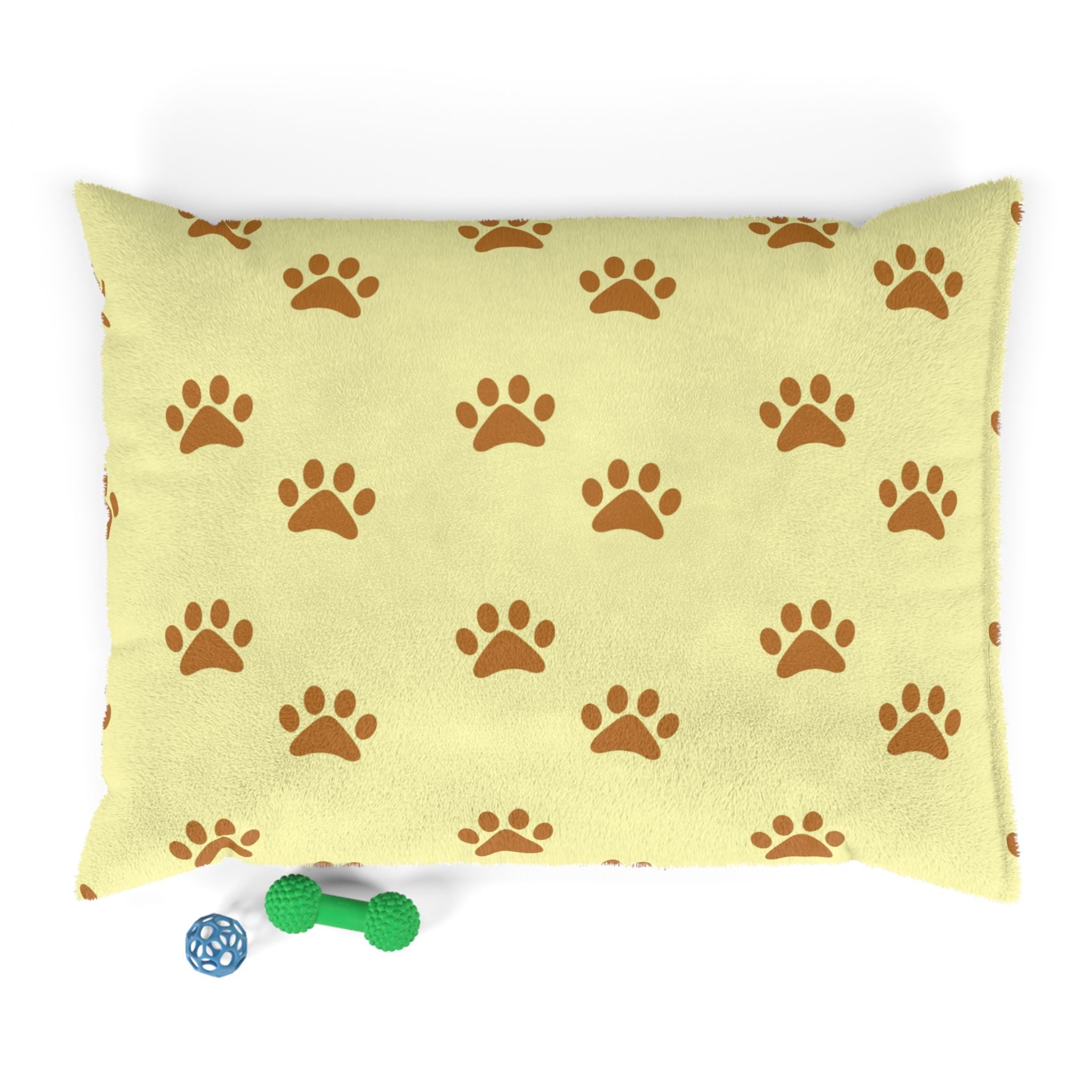 Golden Pawprints on Buttercream Sky Pet Bed — Coral Fleece, Removable Cover, 40" × 30"