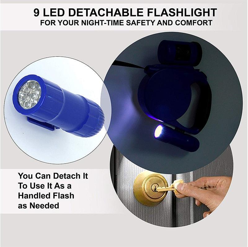 Blue 9-LED detachable flashlight on retractable dog leash for night walks