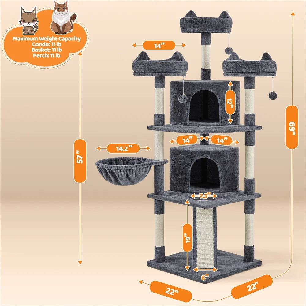 Dark gray multi-level cat tree tower with condos, perches, ramp, and hanging balls