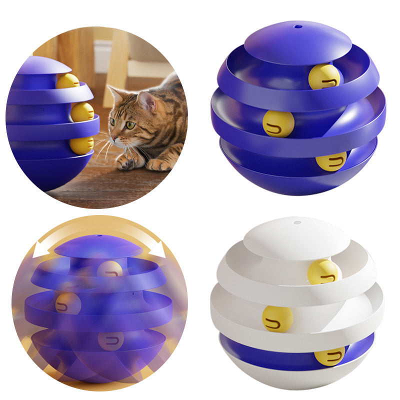 3-layer cat turntable tower toy in blue and white with yellow ball compartments