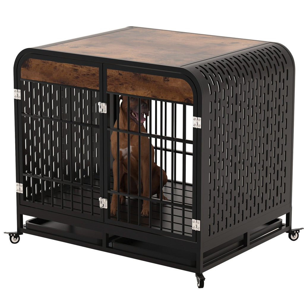 Dog crate furniture side view with wood top and black metal door, on rolling casters