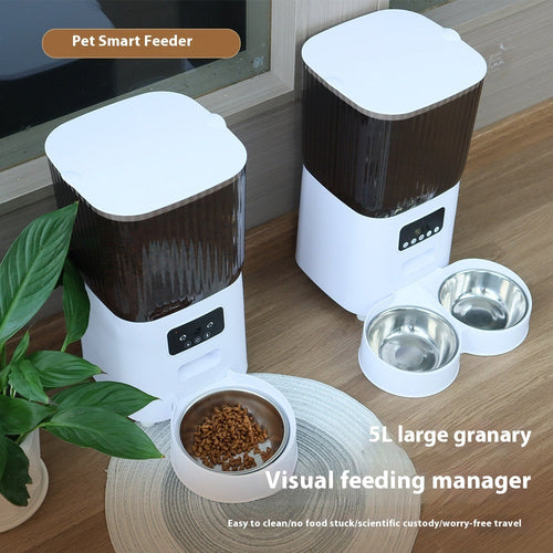 5L automatic pet feeder, white/black, dual stainless bowls with kibble visible.