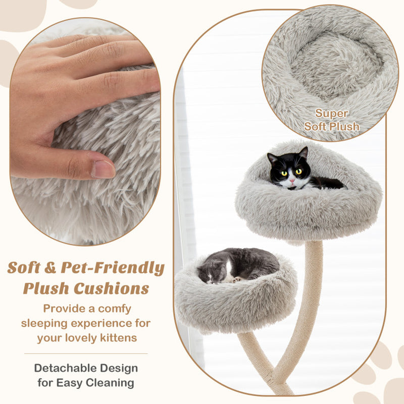 Gray plush cat tree perches with soft cushions on sisal-wrapped posts and curved support