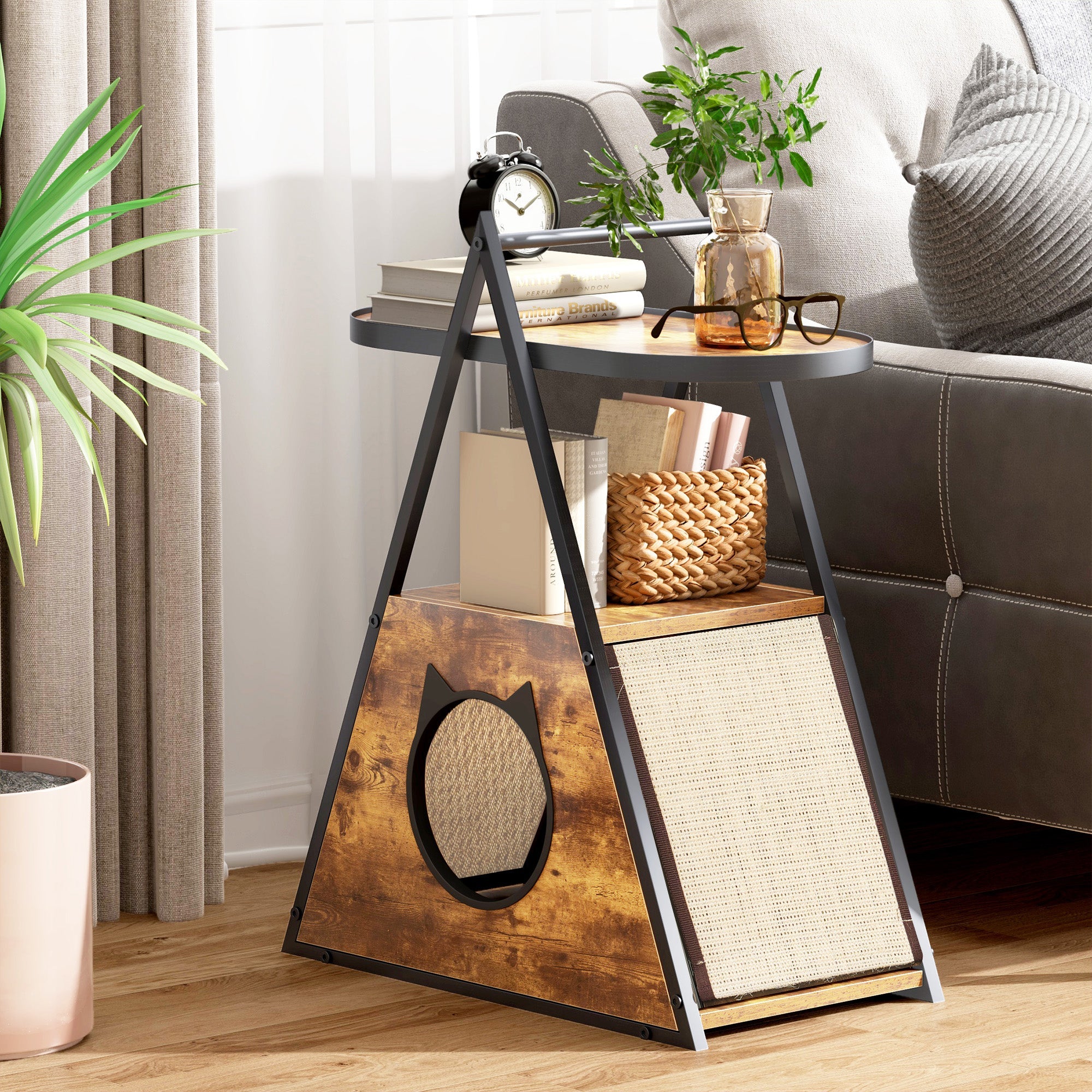 Black and vintage cat condo end table with woven scratching panel and enclosed cat bed